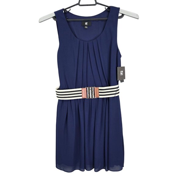 Womens Iz Byer Navy Sleeveless Dress Lined Striped Belt 100% Polyester Size L - Picture 1 of 11